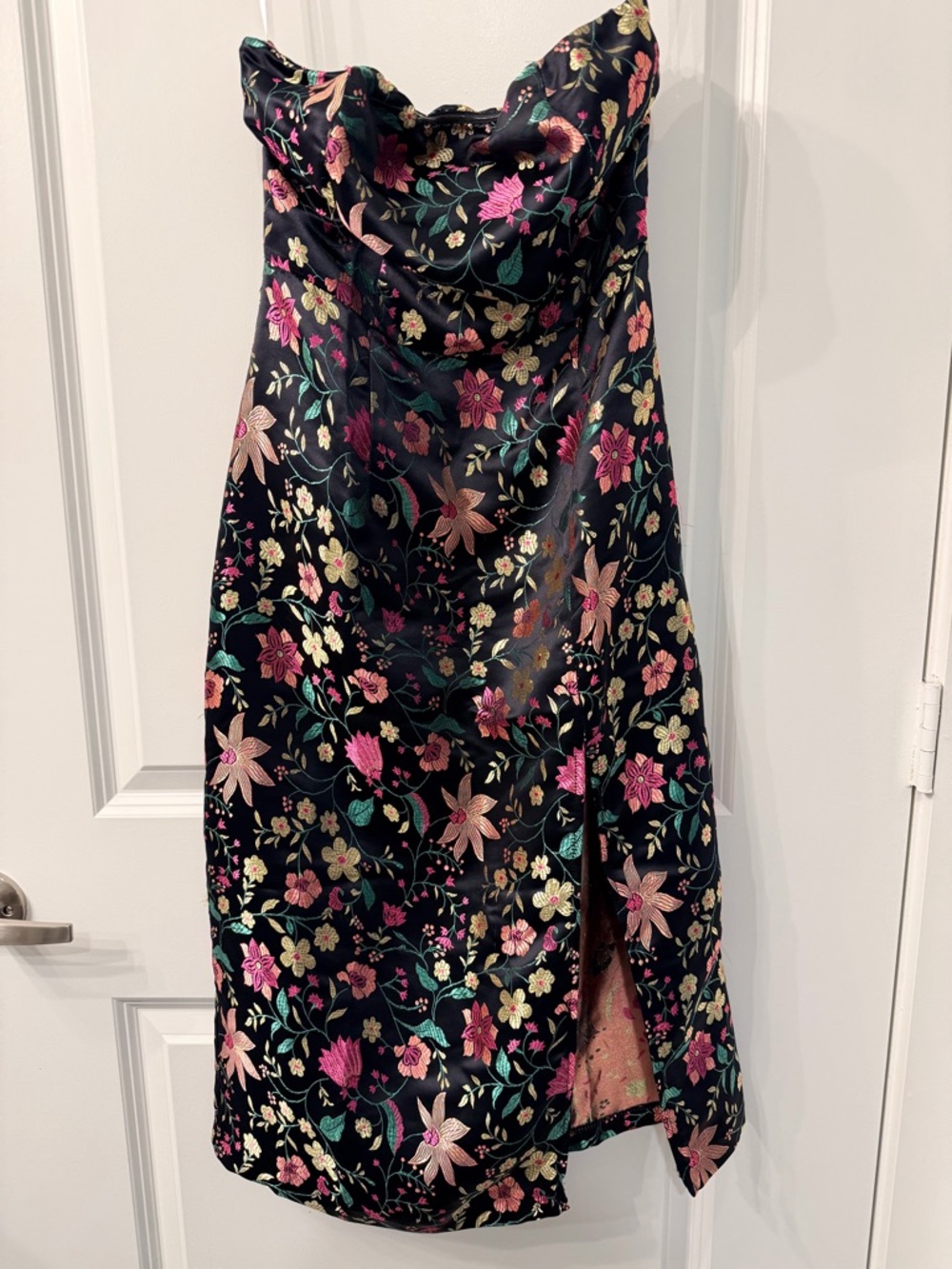 Lulu's Black Satin Floral Slip Dress with Pink & Green Embroidery